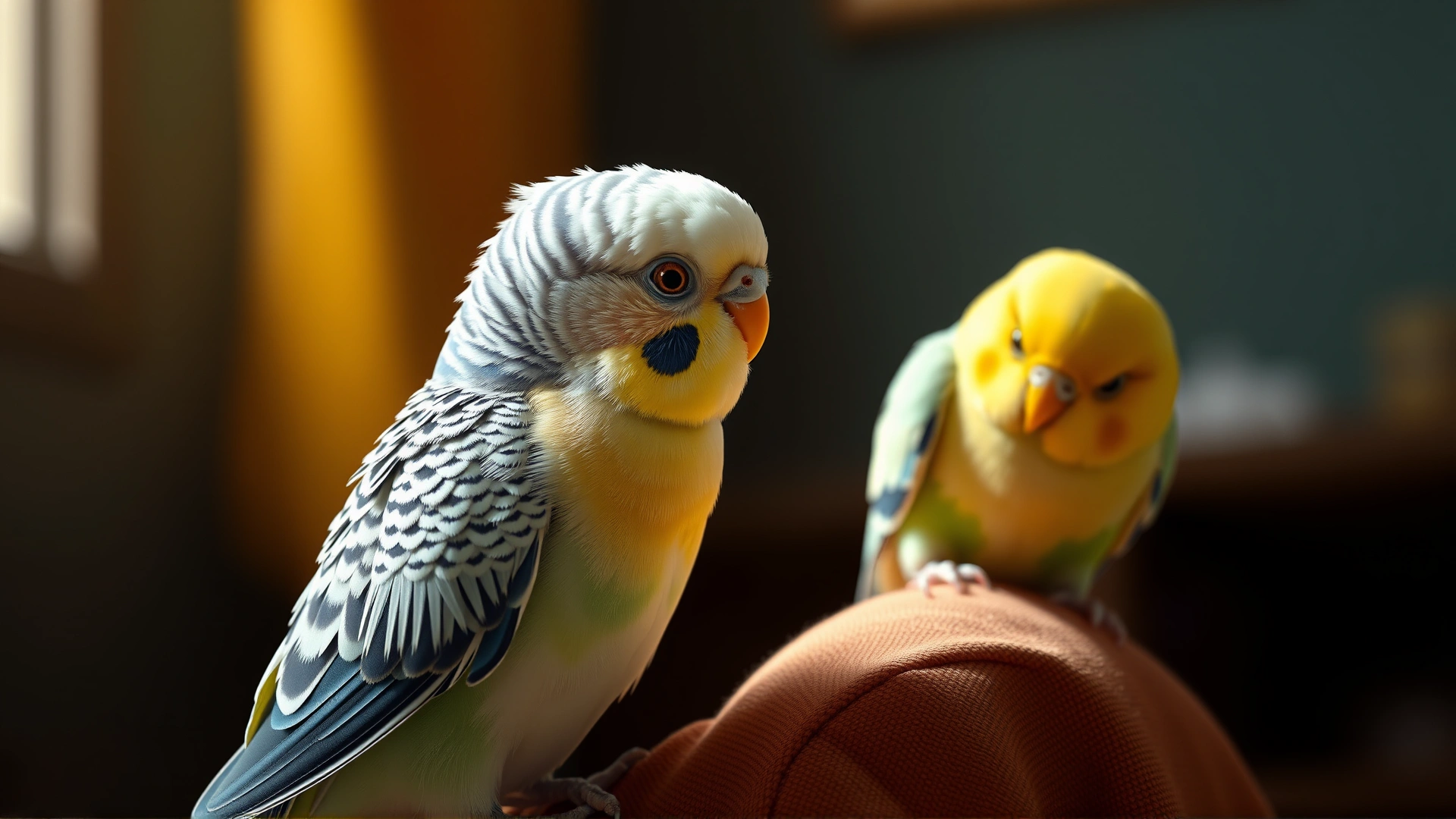 A child and a pet budgie sharing a quiet bonding moment, bird perched on child's shoulder, soft warm light