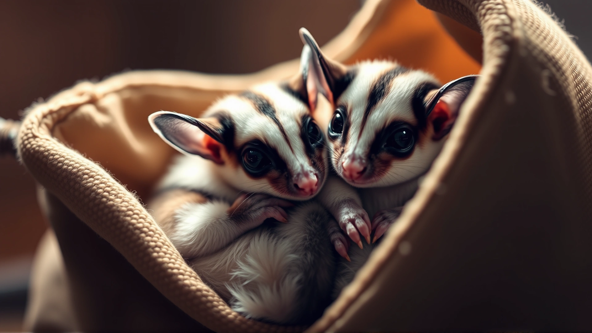 Two sugar gliders snuggling together inside a cozy fabric pouch, warm lighting, showcasing social behavior.