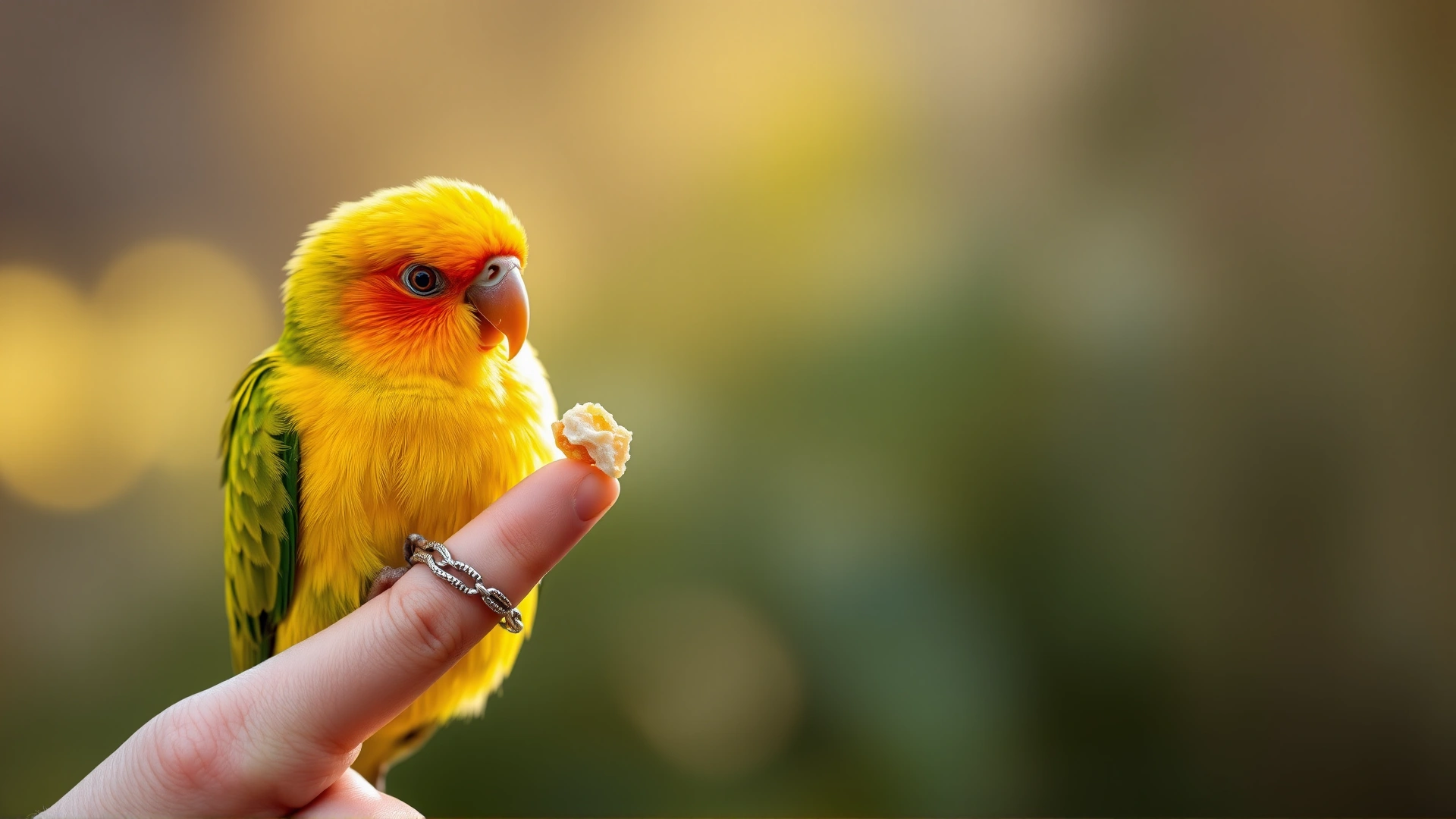 A friendly interaction scene where a person holds a Sun Conure on their finger while offering a small treat, soft background blur emphasizing the bond.