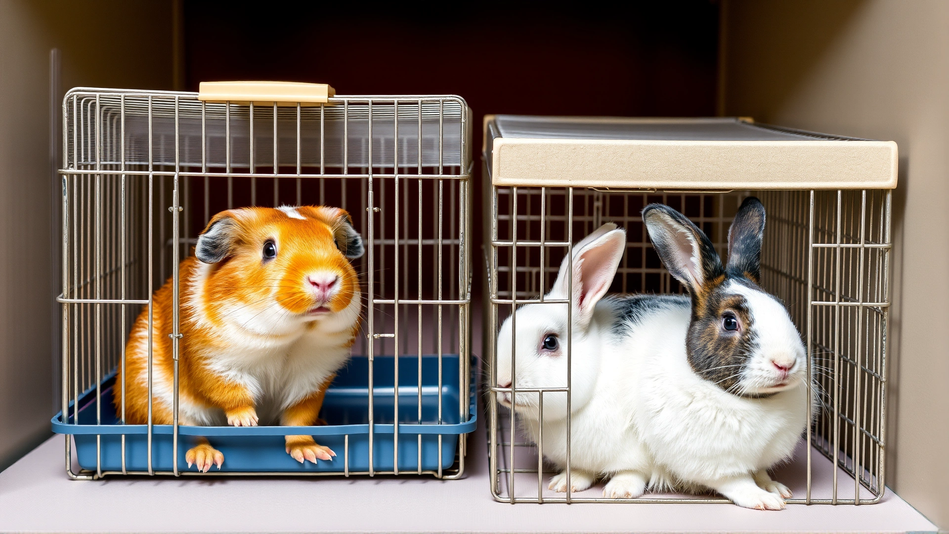 Two cages side by side, one with a guinea pig and the other with a rabbit, demonstrating safe separation to prevent disease transmission.