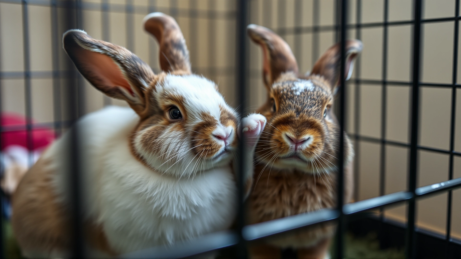 Two relaxed domestic rabbits grooming each other affectionately inside a roomy playpen, conveying peace and bonding after recovery.
