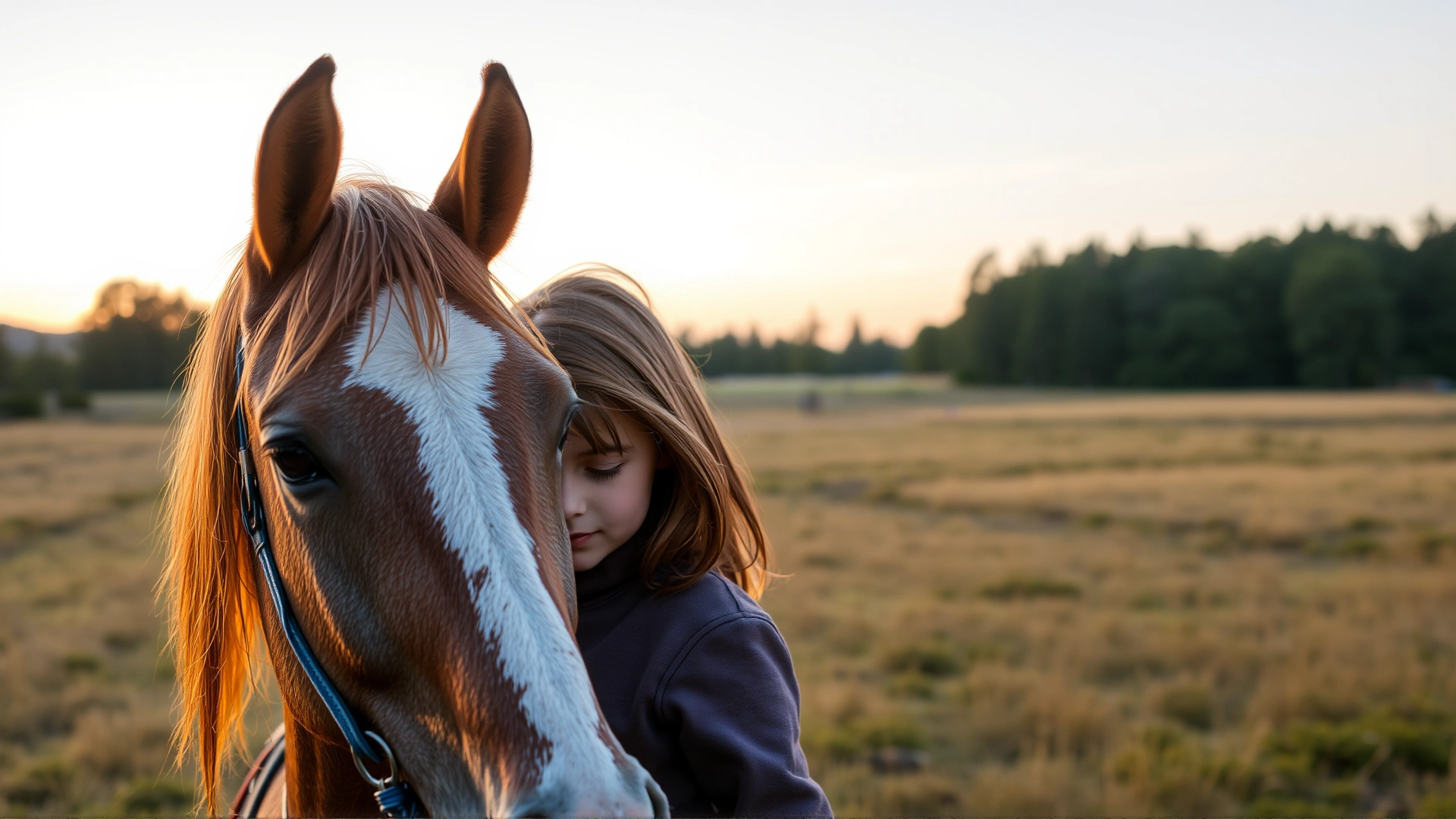 Young rider resting forehead against a Morab horse’s forehead in a pasture, gentle sunset colors, no text