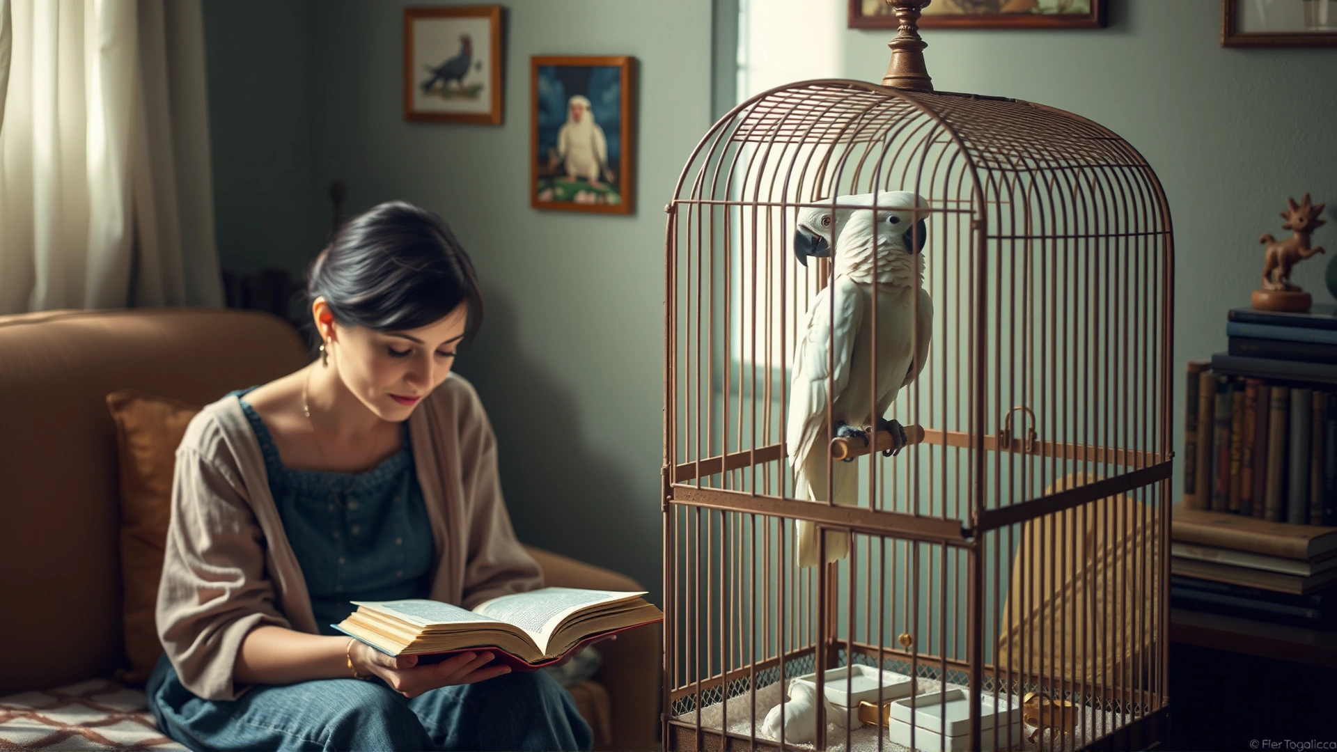 Woman sitting beside large bird cage reading a book while a cockatoo sits on top of the cage, cozy home setting, soft light, high resolution