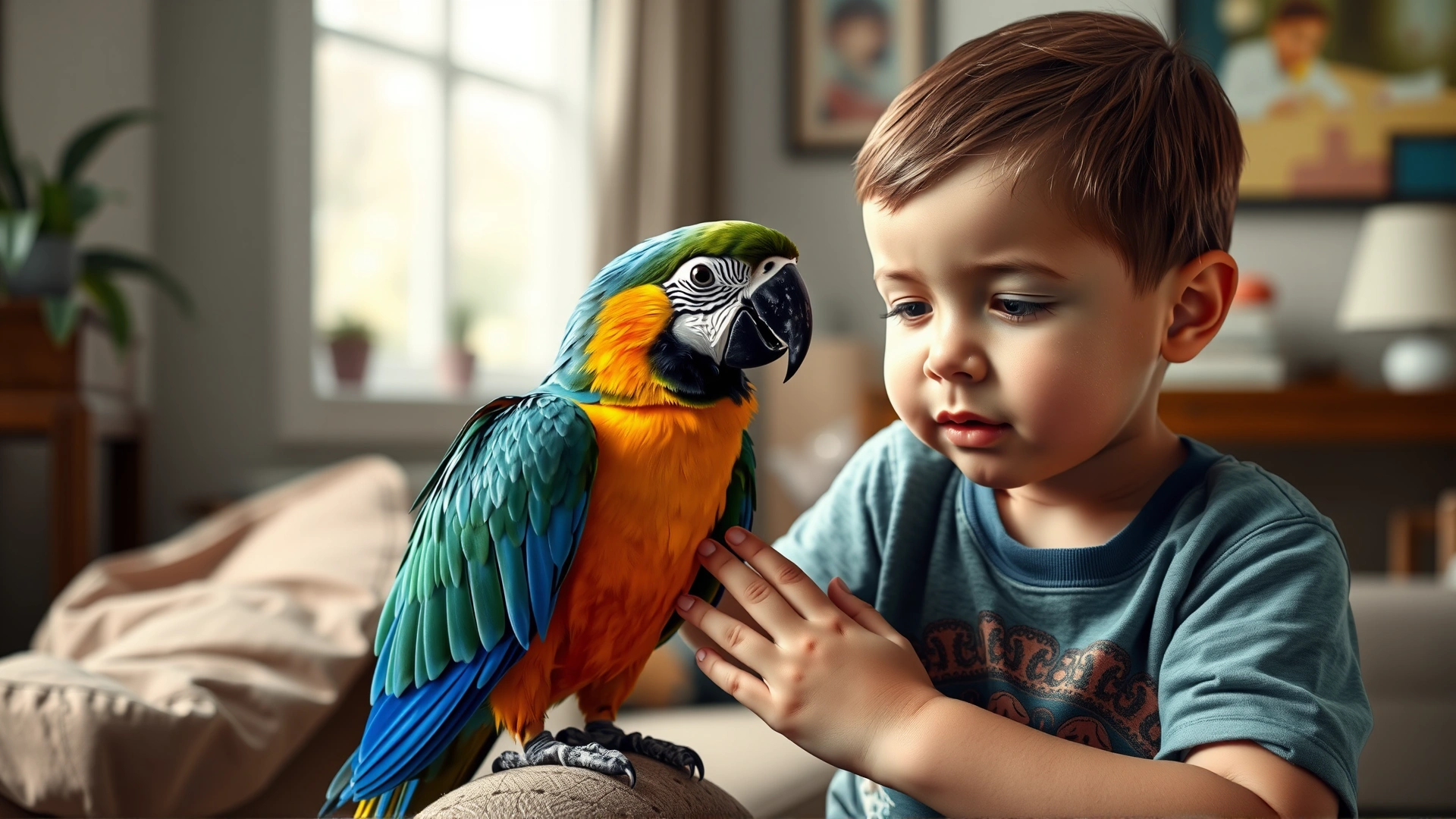 Child gently touching a parrot’s chest while the bird sits calmly, emphasizing companionship, soft focus living room