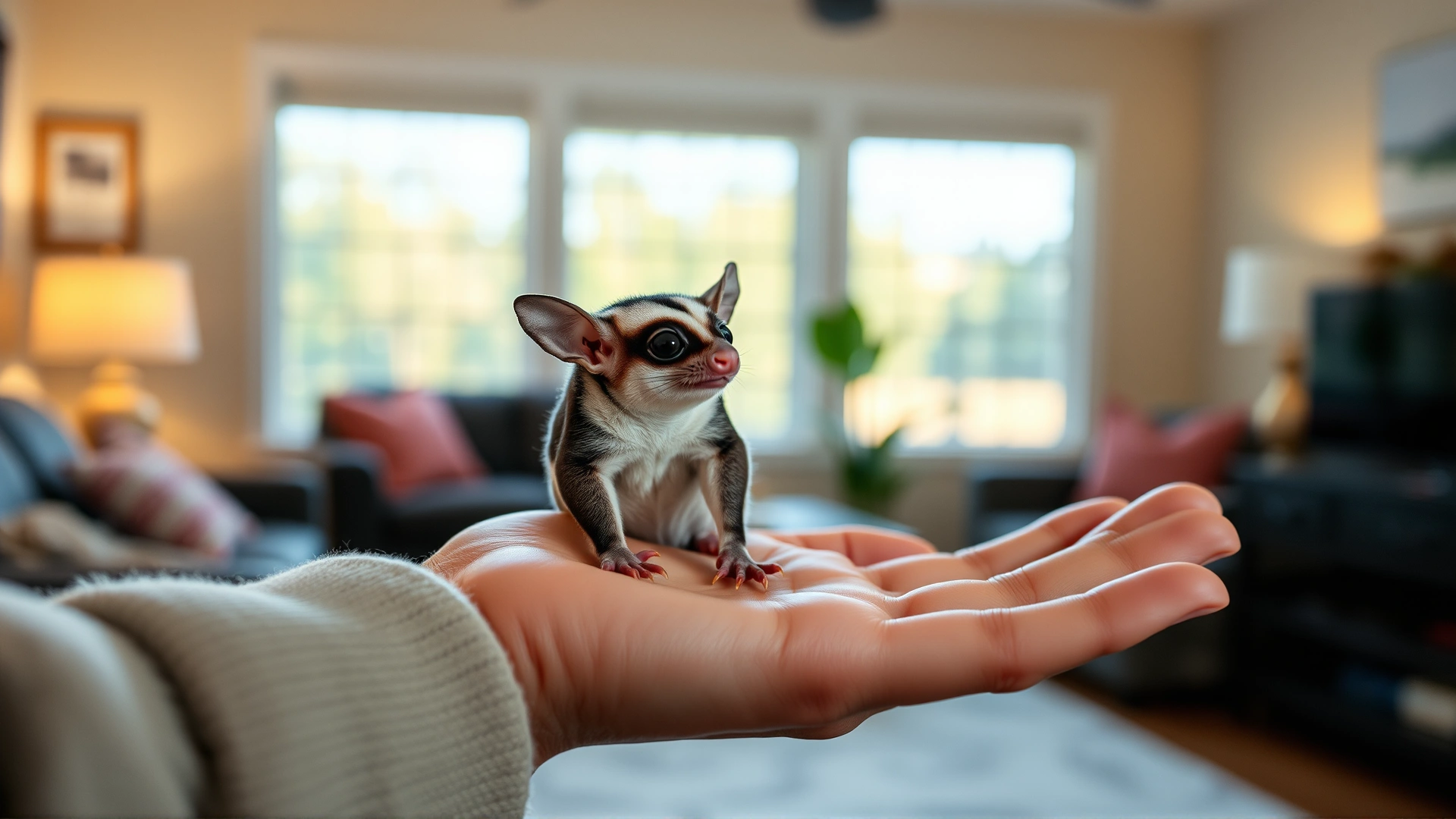 A sugar glider sitting on an owner's open palm inside a cozy, softly lit living room, showcasing human-pet bonding.