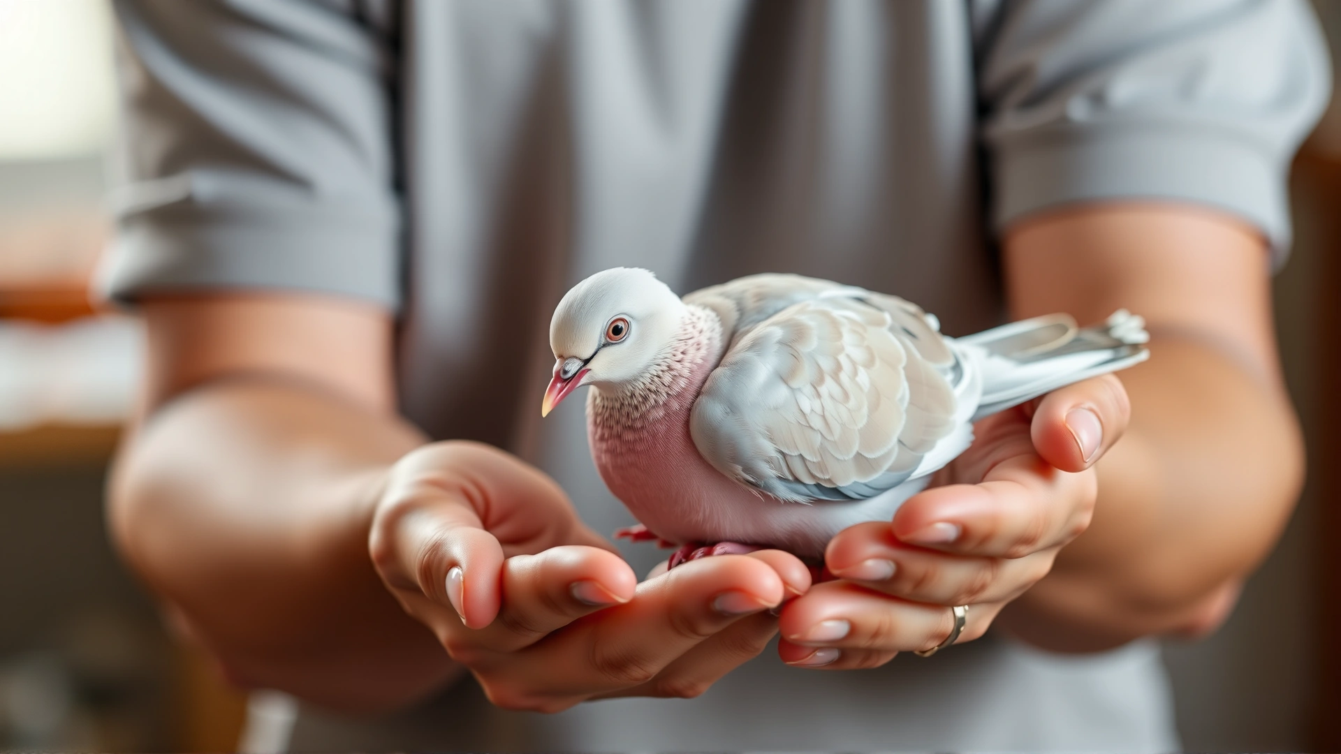 Person gently holding a dove in their cupped hands, demonstrating proper handling technique, soft indoor background