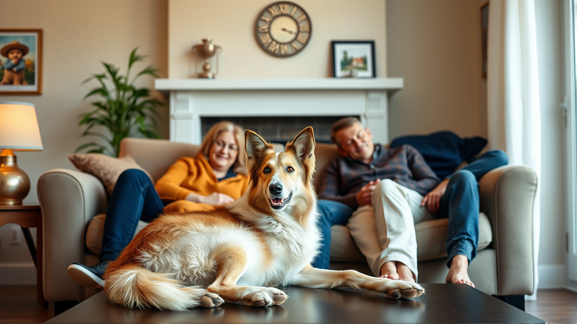 Family relaxing in a cozy living room with a Borzoi lying comfortably beside them.