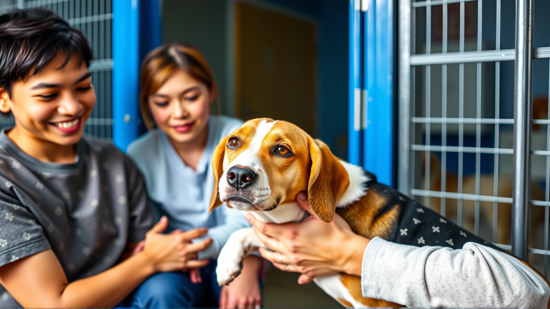 Smiling family gently petting and hugging a senior beagle at an animal shelter visitation room, showcasing the moment of connection.