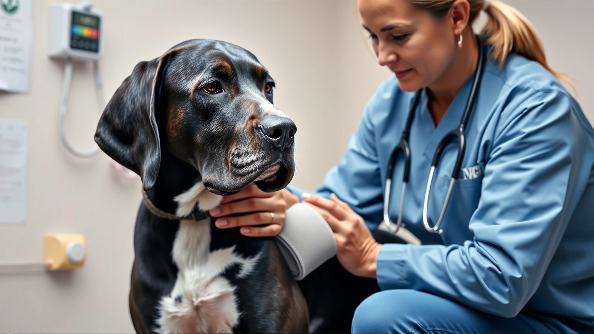 Veterinarian comforting a Great Dane with a bandaged front leg in a treatment room, signifying bone cancer care, no text.