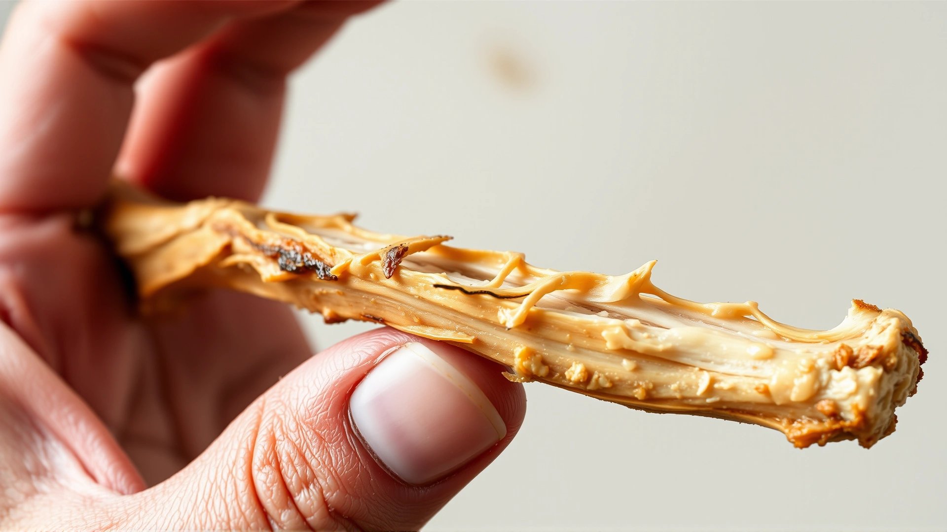 Close-up of a hand holding a fragile cooked turkey bone showing sharp splinters, neutral background