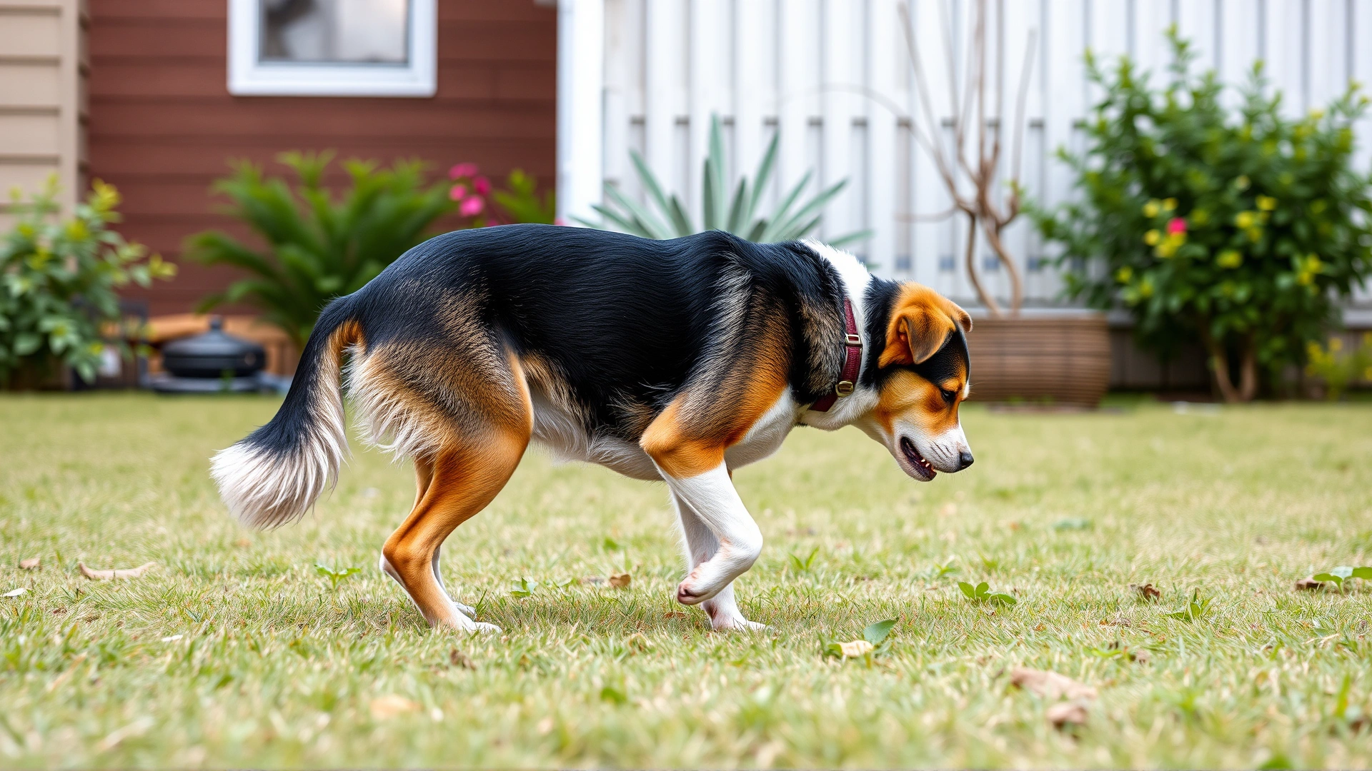 Medium-sized dog limping on a grassy backyard, lifting one hind leg, showing discomfort