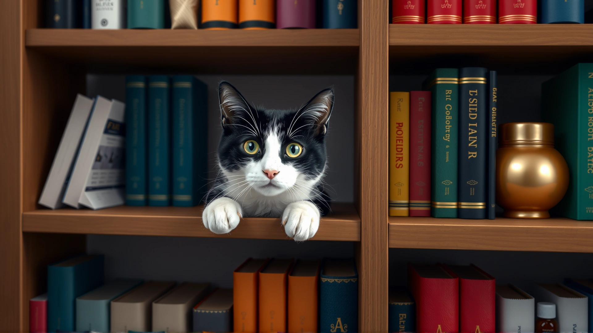 Black and white cat peeking out from an empty shelf in a stylish bookcase filled with colorful books