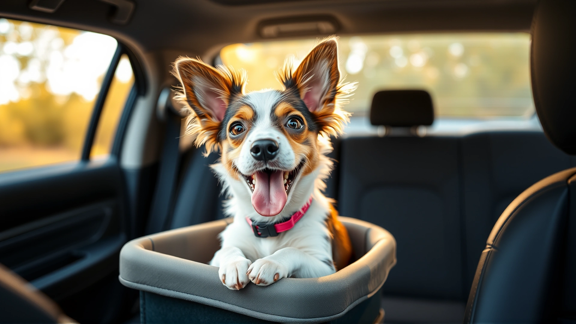 Small dog in a raised booster seat attached to a car seat, looking happily out the window