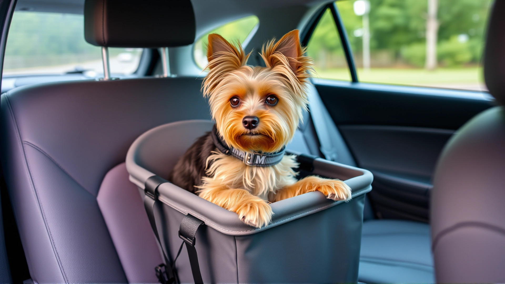 Small Yorkshire Terrier sitting comfortably in a gray booster seat elevated on the rear seat, secured with integrated straps, looking out of the windshield.