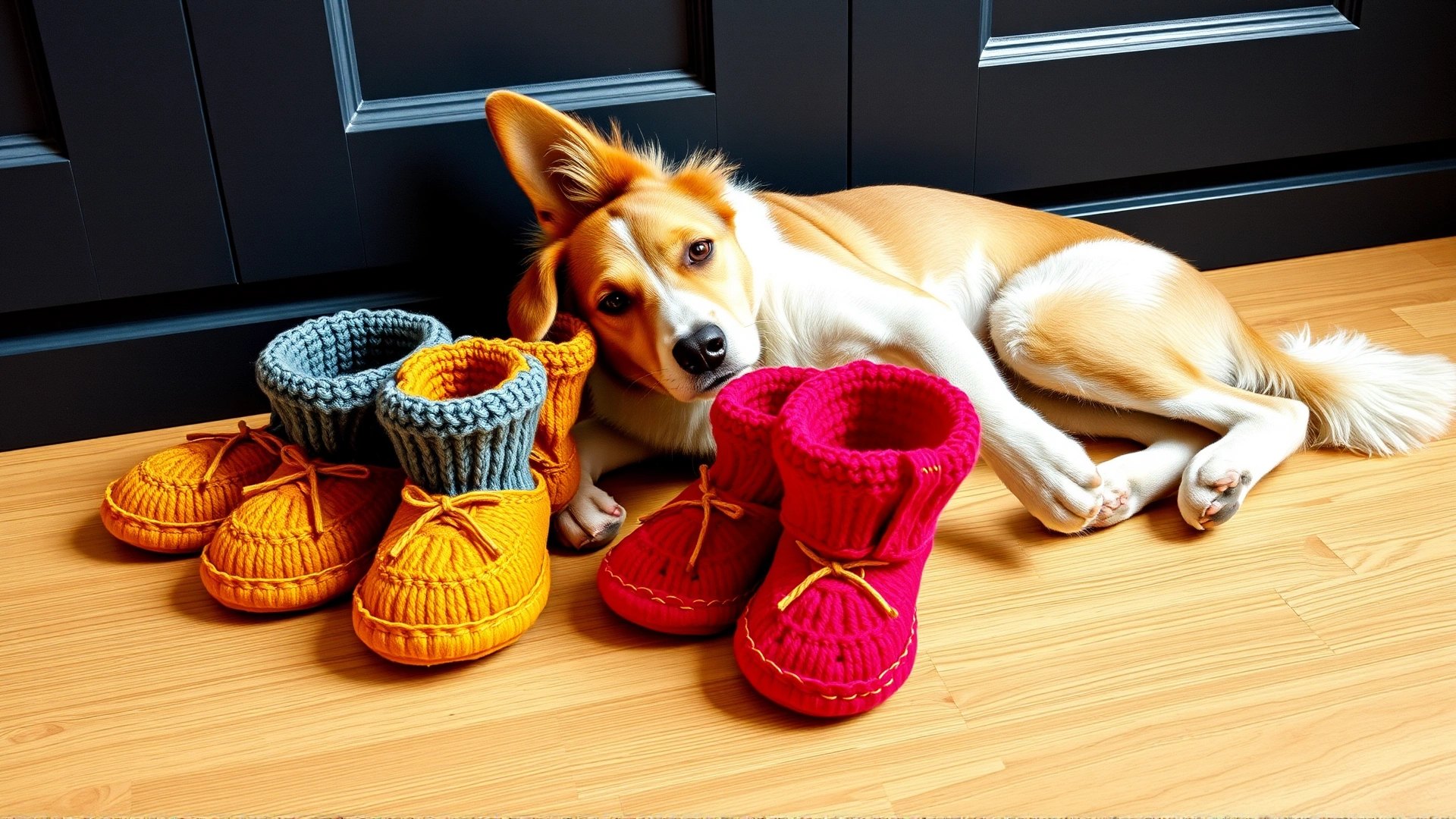 Colorful set of dog booties arranged next to a relaxed dog on a wooden floor