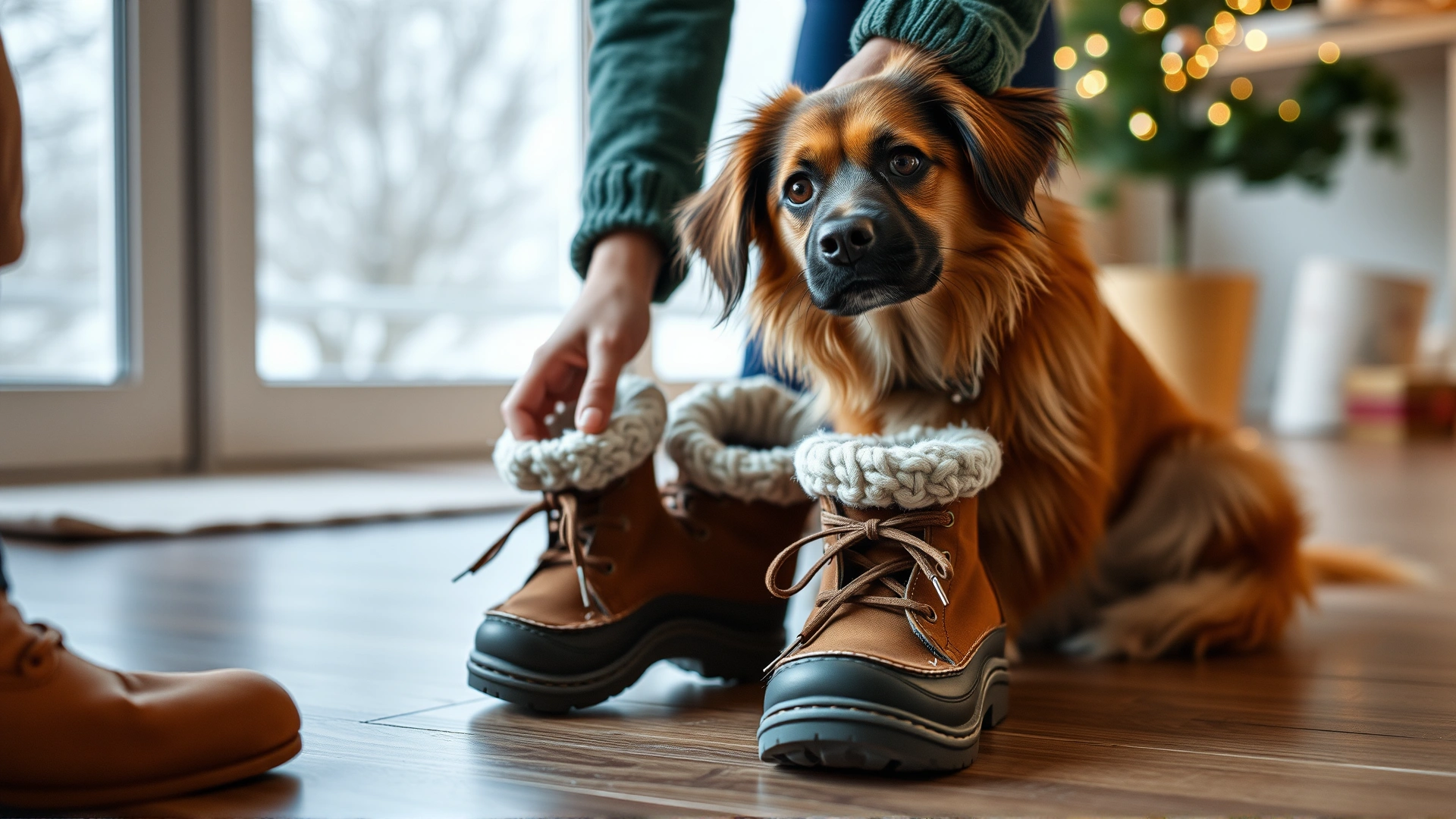 Owner gently fitting winter booties on a calm dog indoors, cozy atmosphere