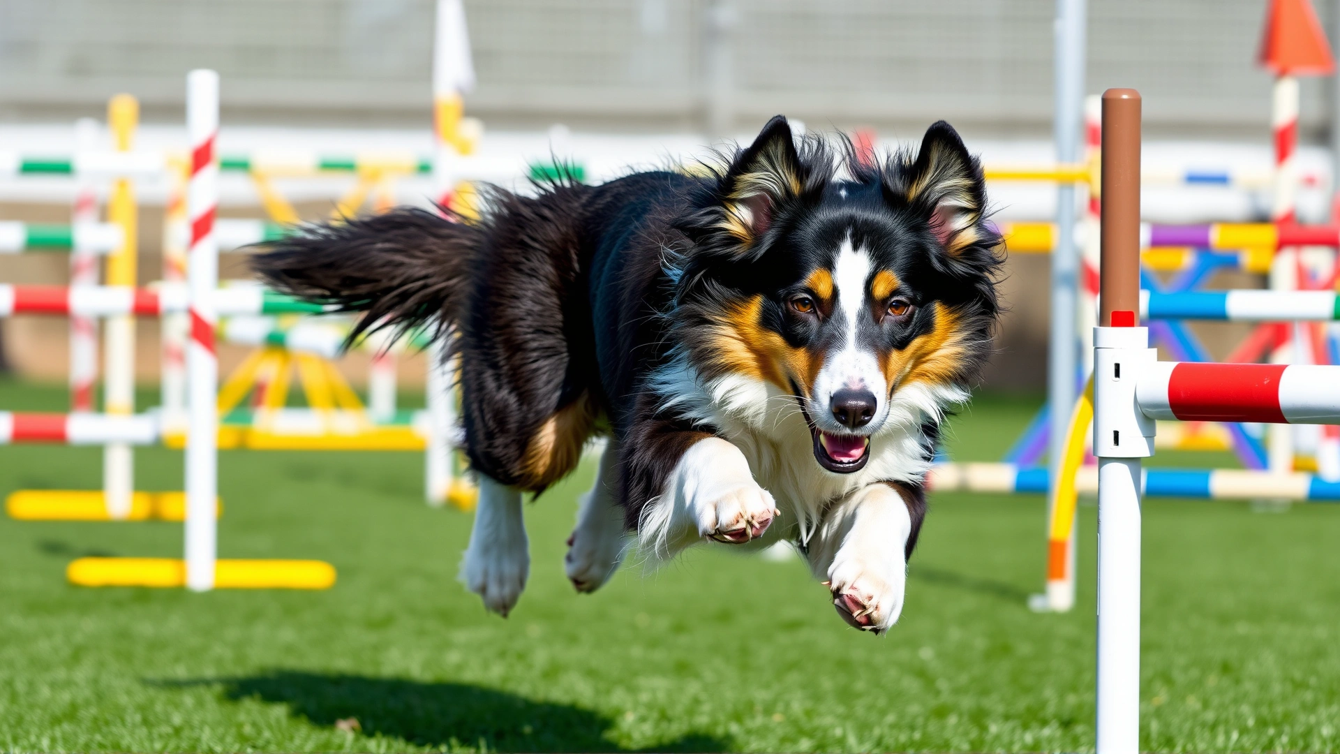 Athletic adult Border Aussie running through an agility course with colorful hurdles, mid-jump capture, no text