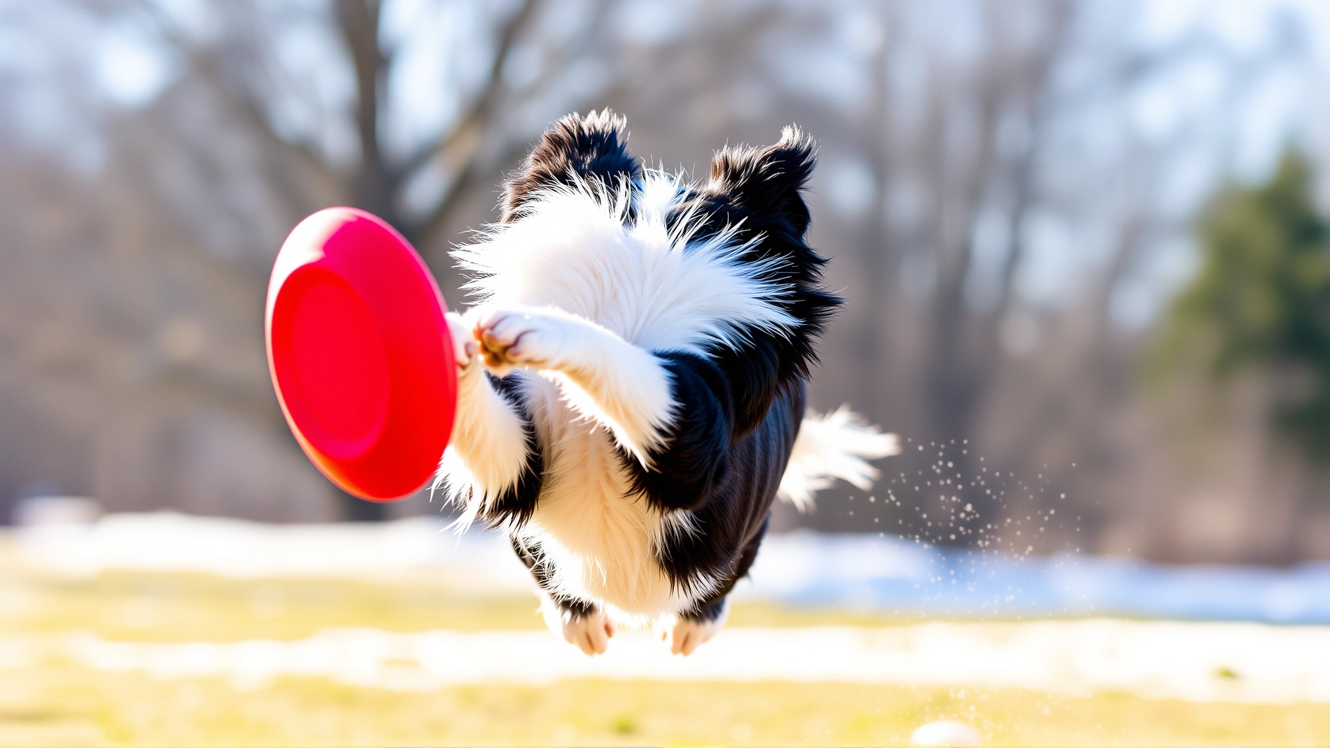 Close-up image of a Border Collie leaping to catch a frisbee, frozen mid-air, bright outdoor setting.