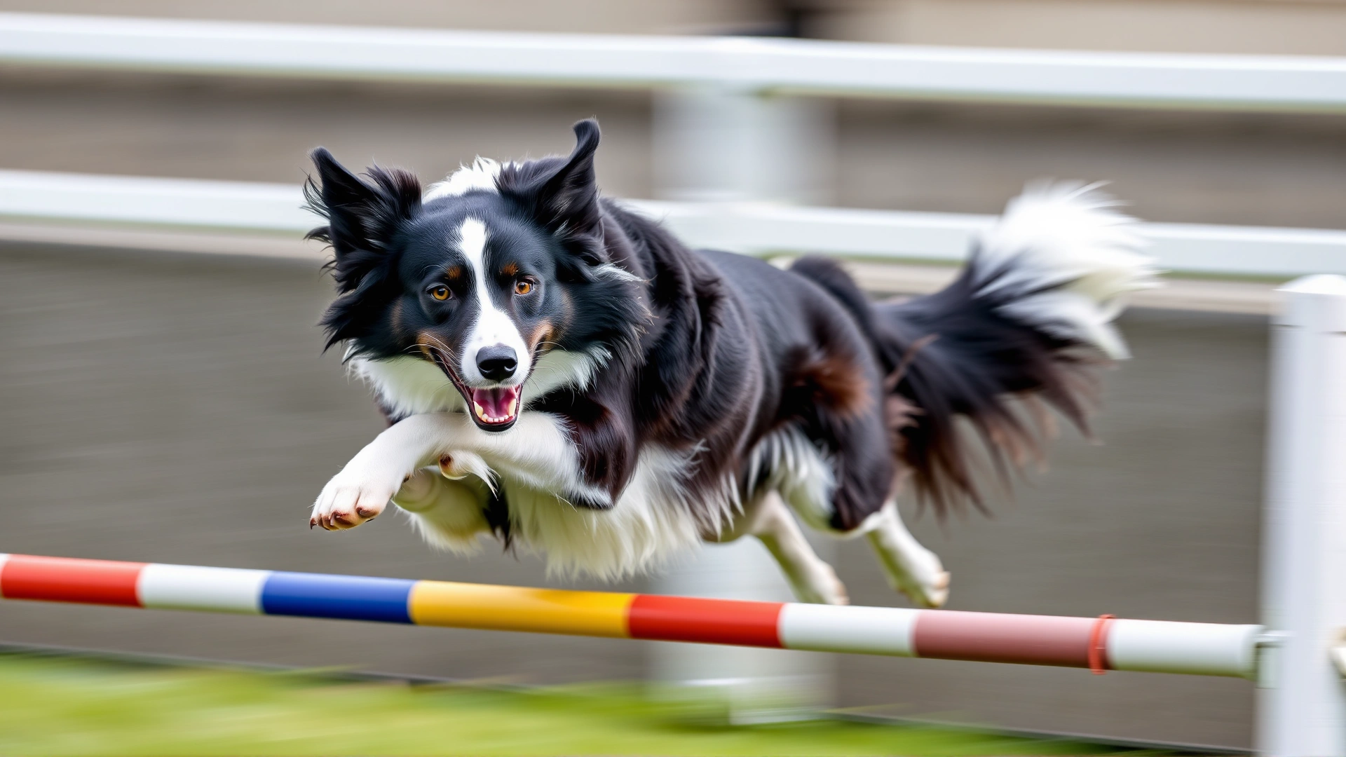 Border Collie mid-air while clearing a hurdle in a competitive agility course, with motion blur to convey speed.