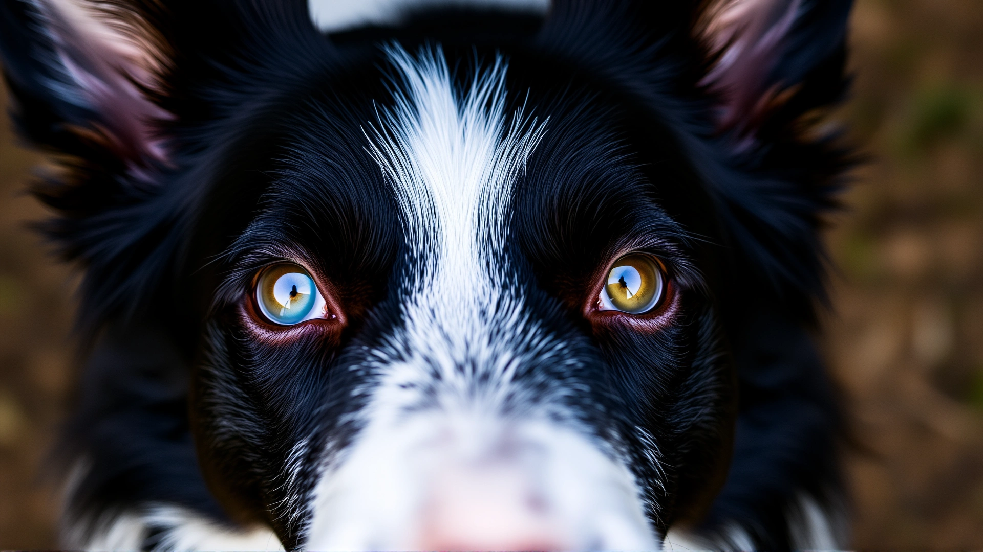 Extreme close-up of a Border Collie’s intense stare—often called “the eye”—with sharp focus on one piercing blue and one brown eye.