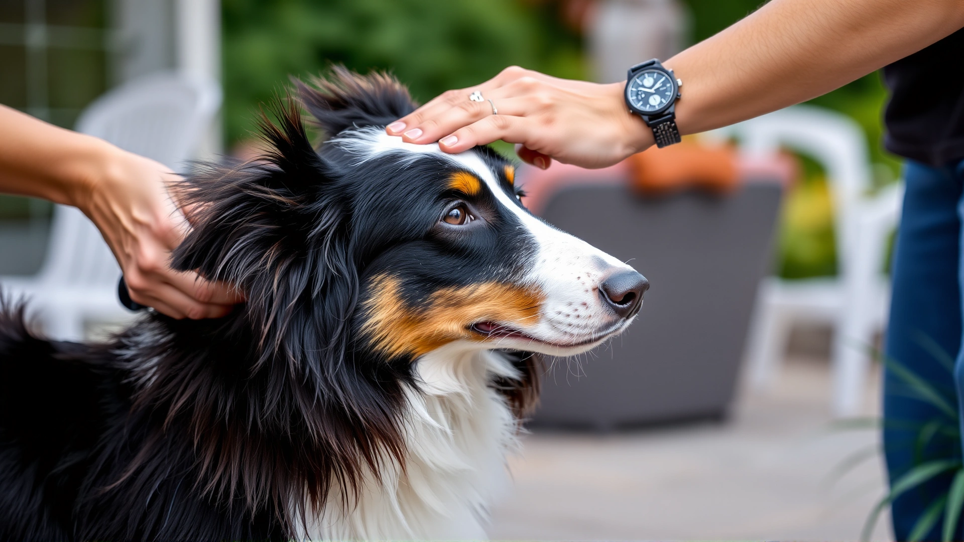 Outdoor photo of an owner brushing a Border Collie’s medium-length coat on a patio, highlighting regular grooming care.