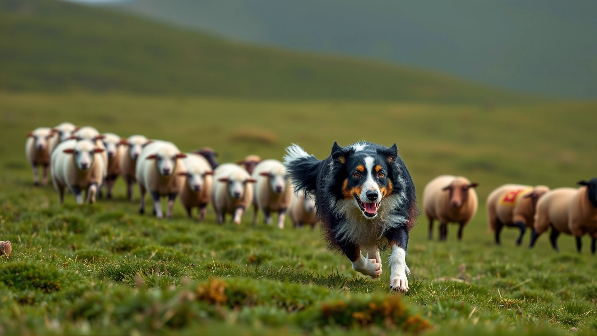 Dynamic image of a Border Collie herding a small flock of sheep across a green hillside, showcasing its traditional working role.