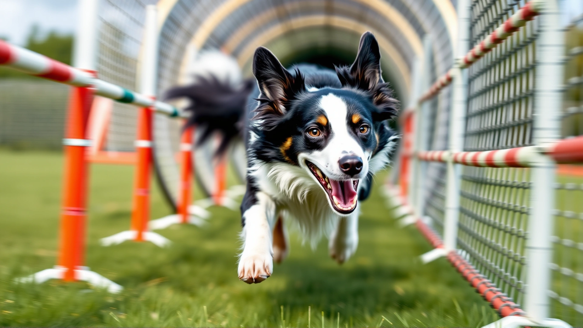 Action shot of a Border Collie sprinting through an agility course tunnel with ears back and tongue out, illustrating the breed’s high energy and athleticism.