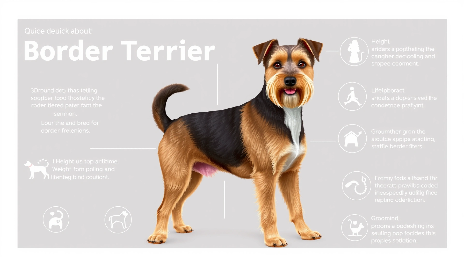 Infographic-style flat illustration showing quick facts about the Border Terrier breed, icons for weight, height, lifespan, activity, grooming