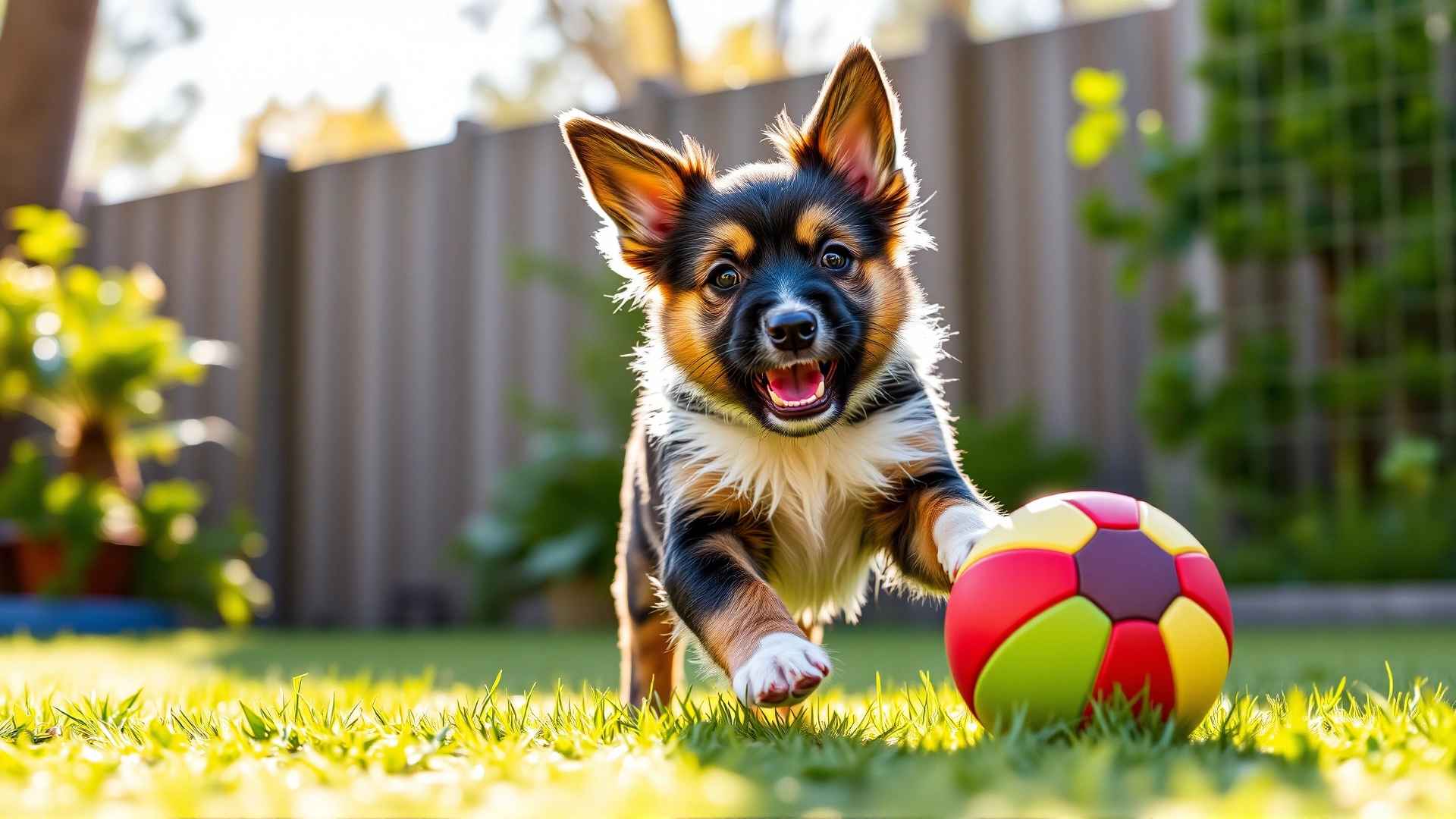 Border Terrier puppy playing with a colorful ball in a backyard, mid-action, bright lighting