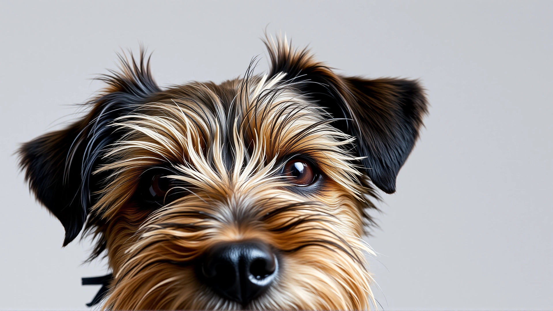 Close-up portrait of a Border Terrier against a neutral background, showing its distinctive wiry coat and expressive eyes