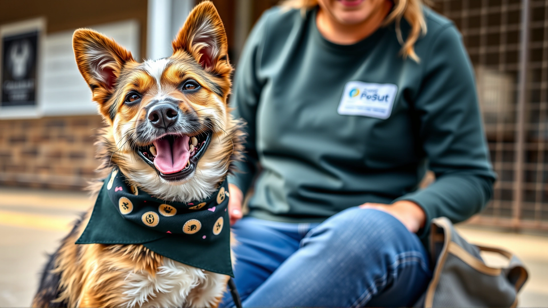 Happy adopted Border Terrier wearing a bandana, sitting next to shelter volunteer outside an animal rescue center, natural lighting