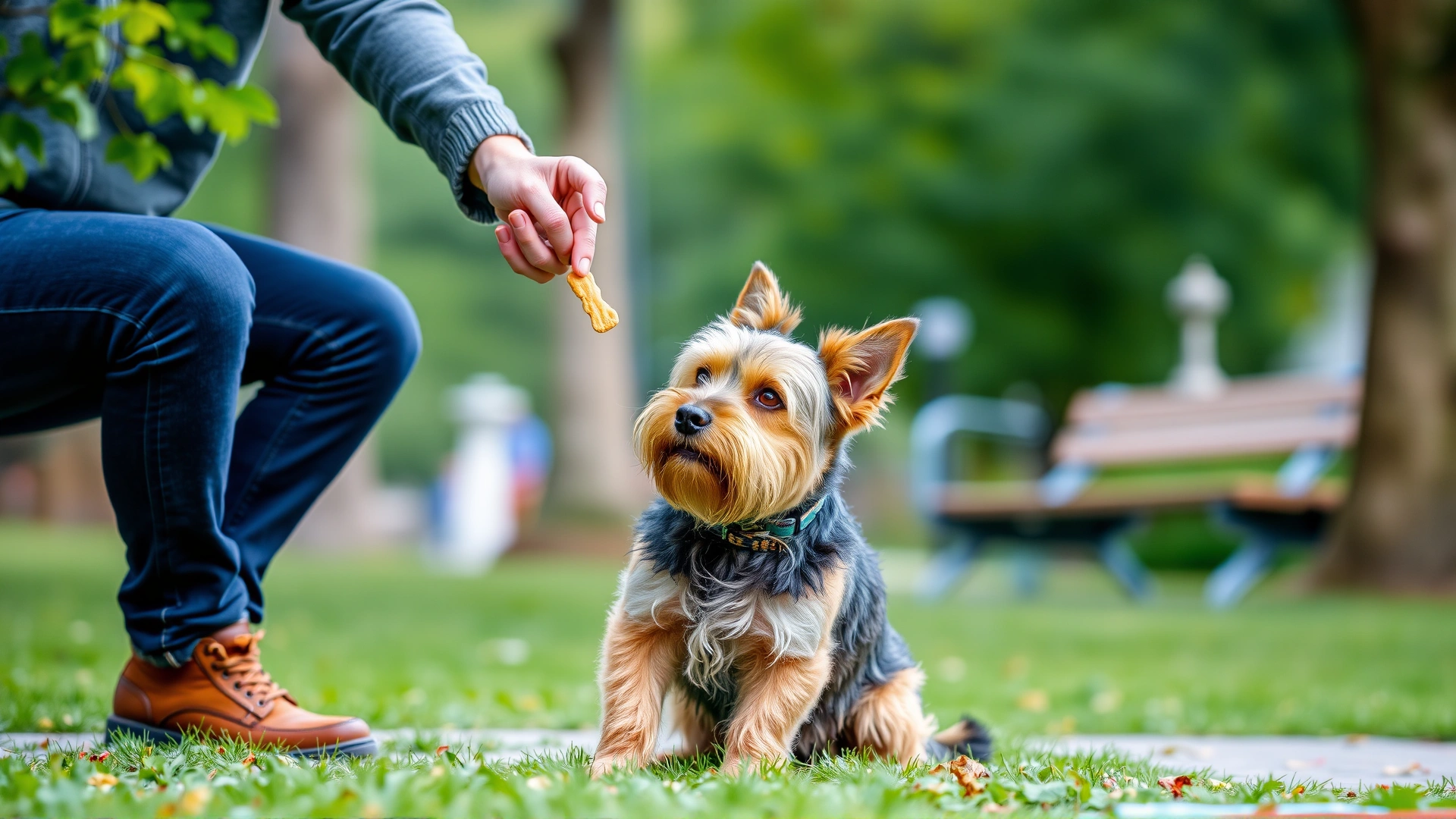 Owner training a Border Terrier to sit using a treat in a park setting, soft focus on background