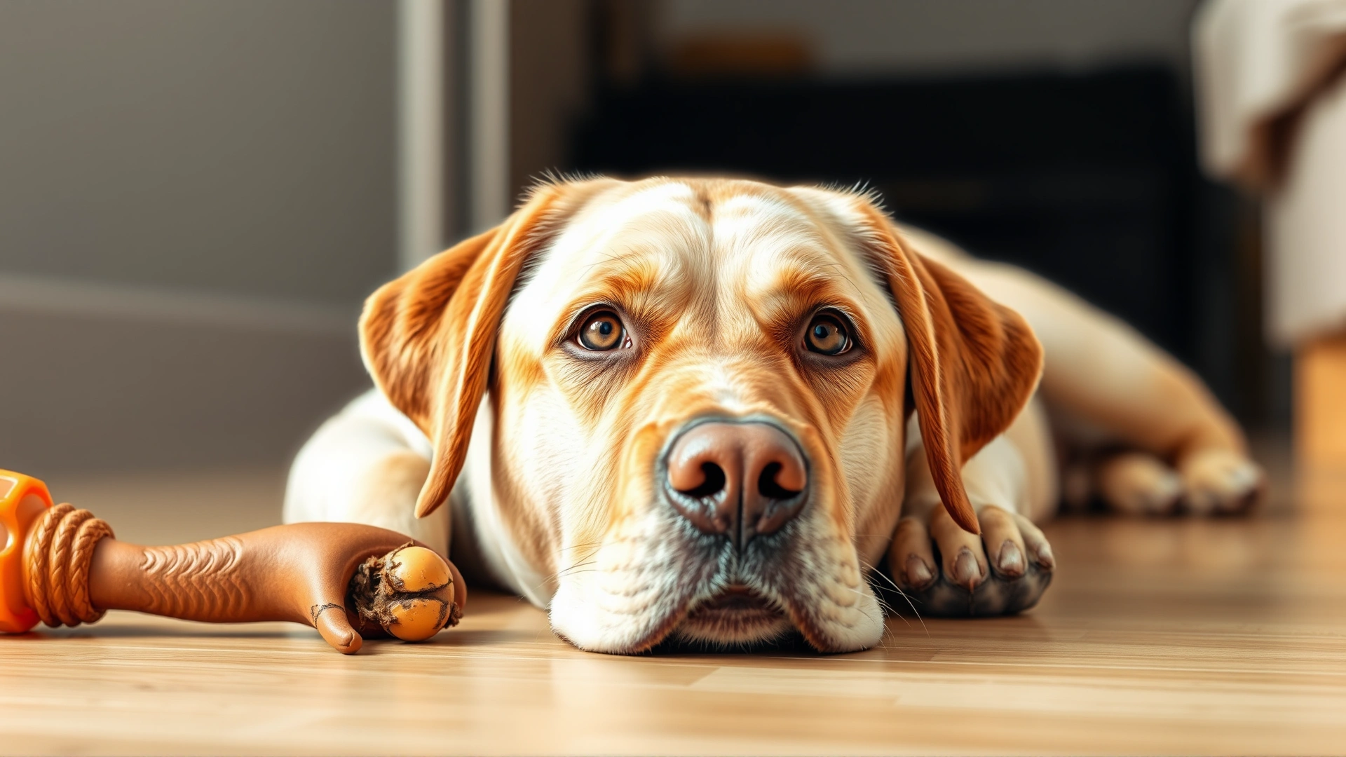 A bored Labrador retriever lying indoors next to a chewed rubber toy, looking up at the camera with sad eyes.