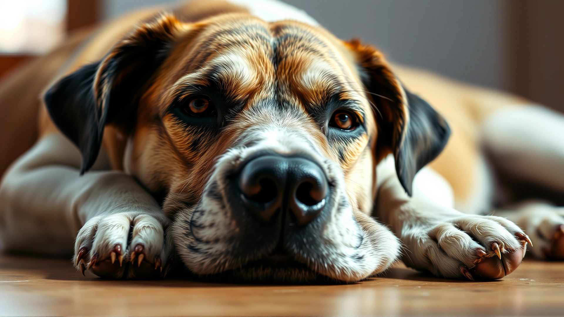 Close-up of a dog lying on the floor with its head on its paws, looking bored, soft natural light