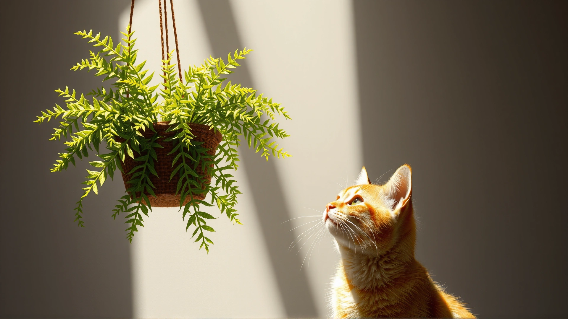 A hanging Boston fern casting playful shadows while an orange tabby cat curiously looks up at it.