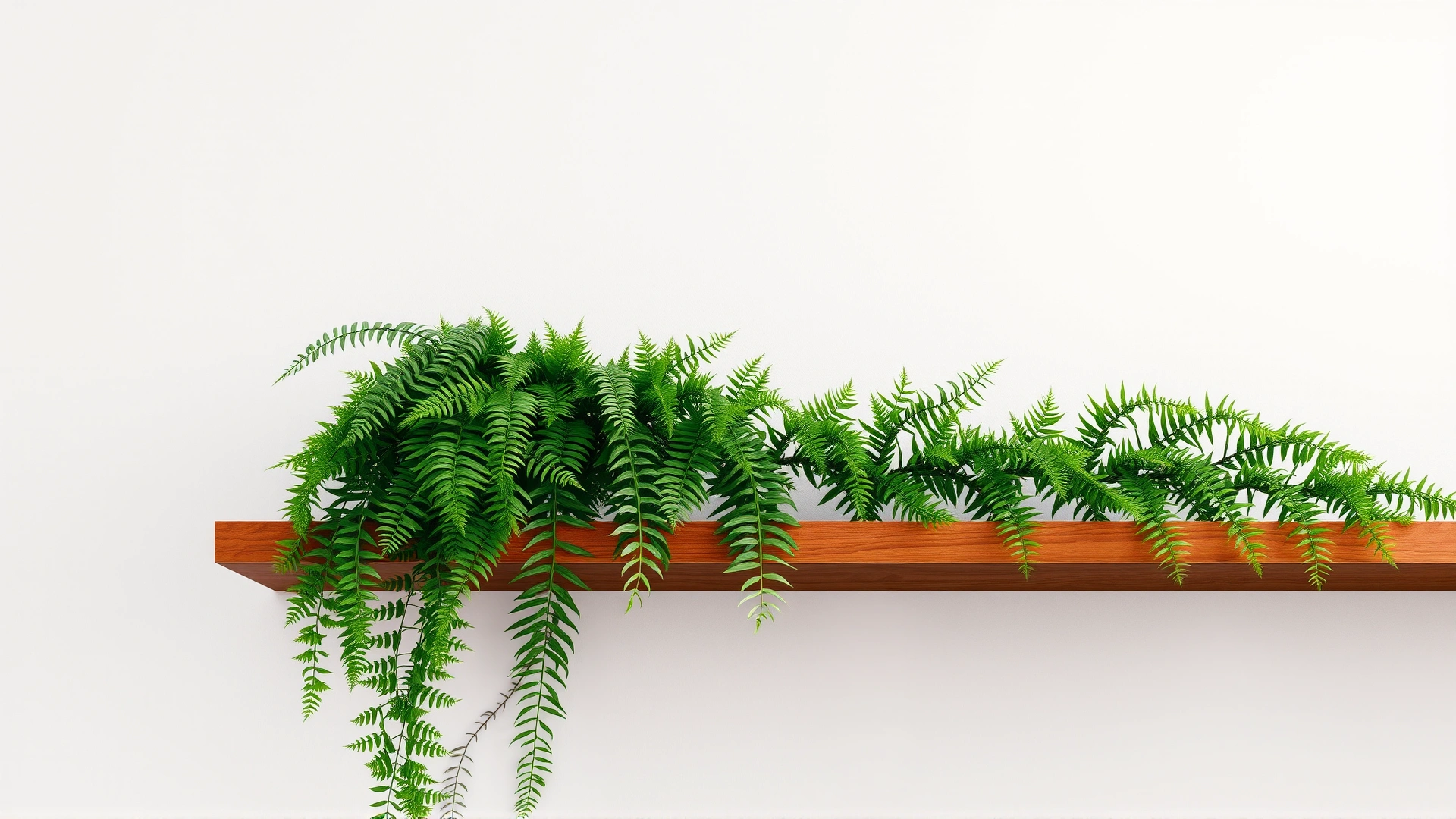 Lush Boston fern with cascading foliage placed on a wooden shelf against a neutral wall.
