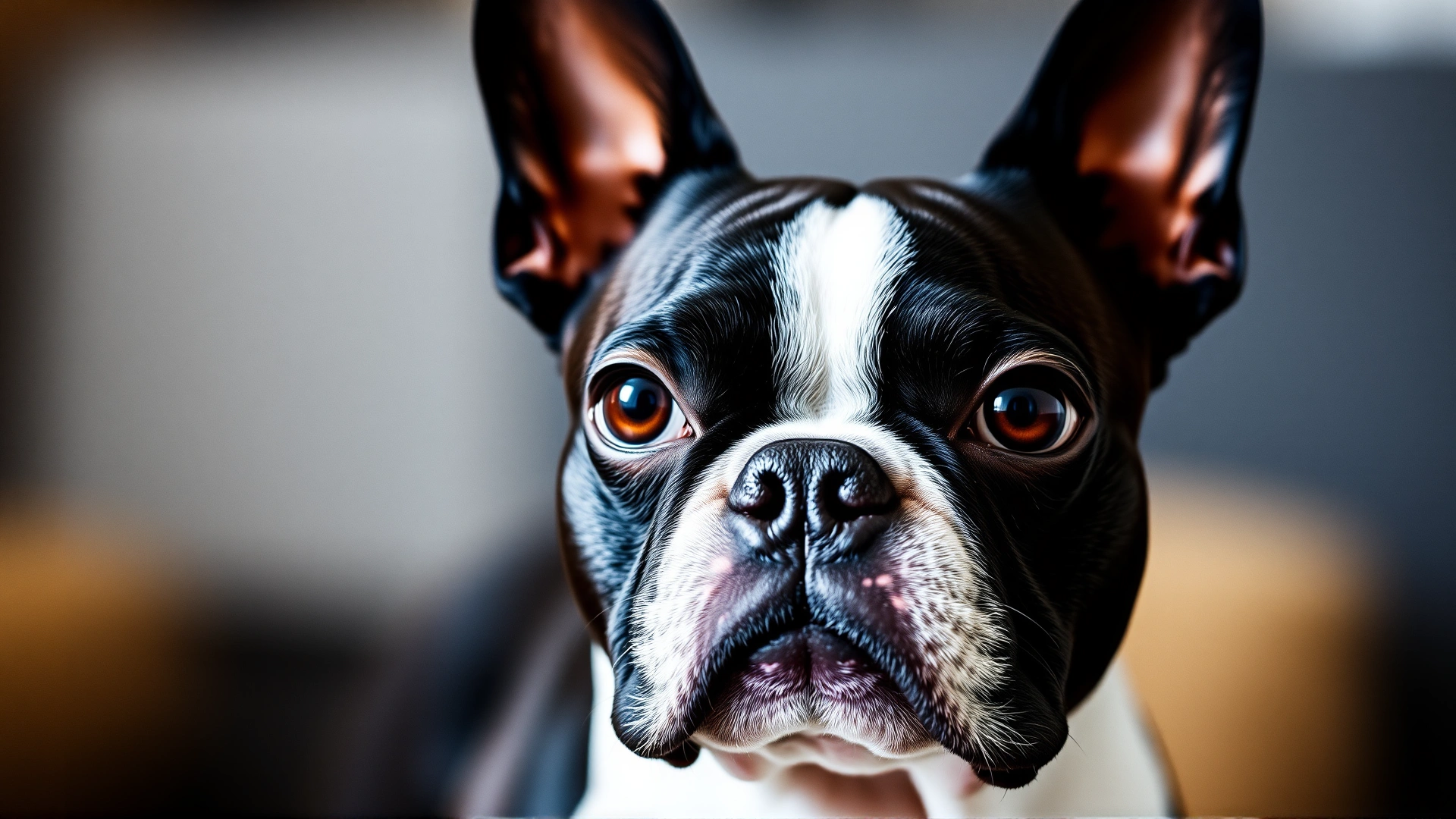 Close-up portrait of a Boston Terrier with alert pointed ears and a tuxedo coat pattern.