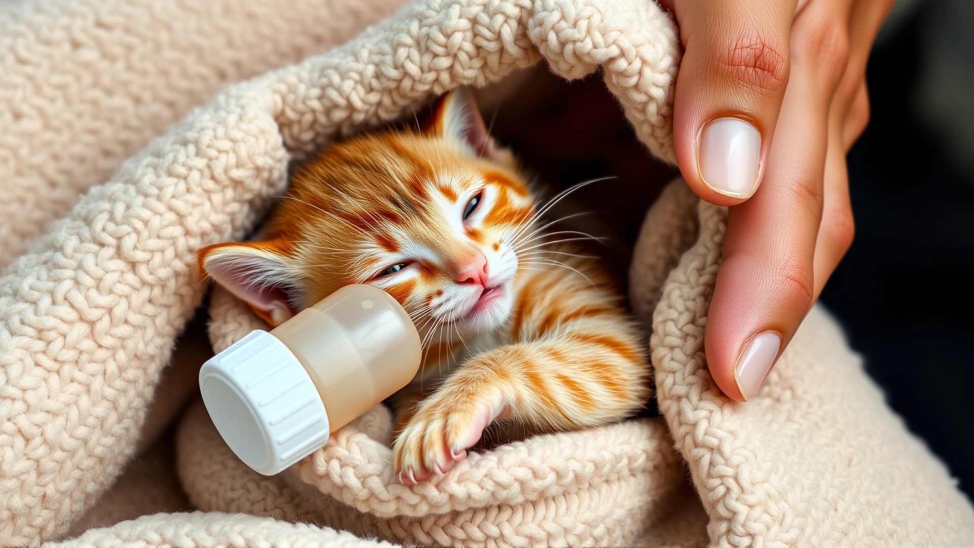 Human hand bottle-feeding a newborn orange tabby kitten wrapped in a soft fleece blanket