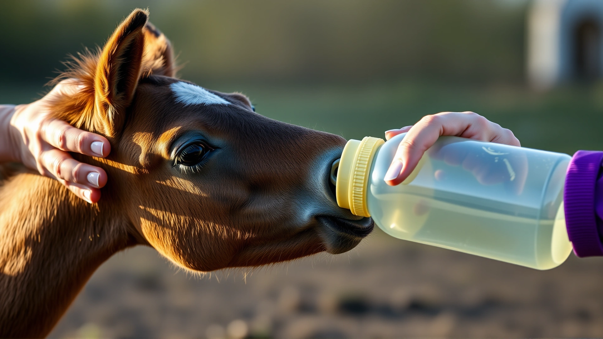 Stable hand bottle-feeding a foal with a large foal-specific bottle, emphasizing human-foal interaction, natural colors