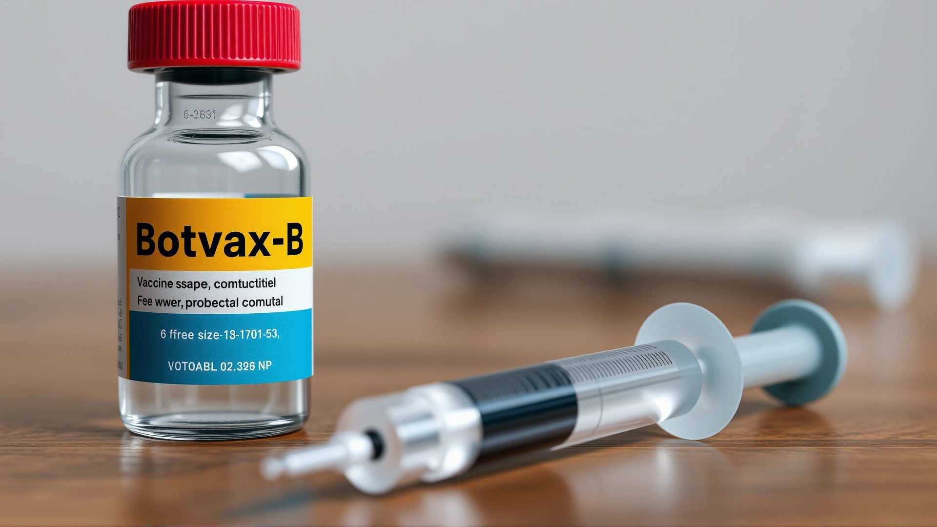 Close-up of a BotVax-B vaccine vial and a filled syringe placed on a wooden stable counter