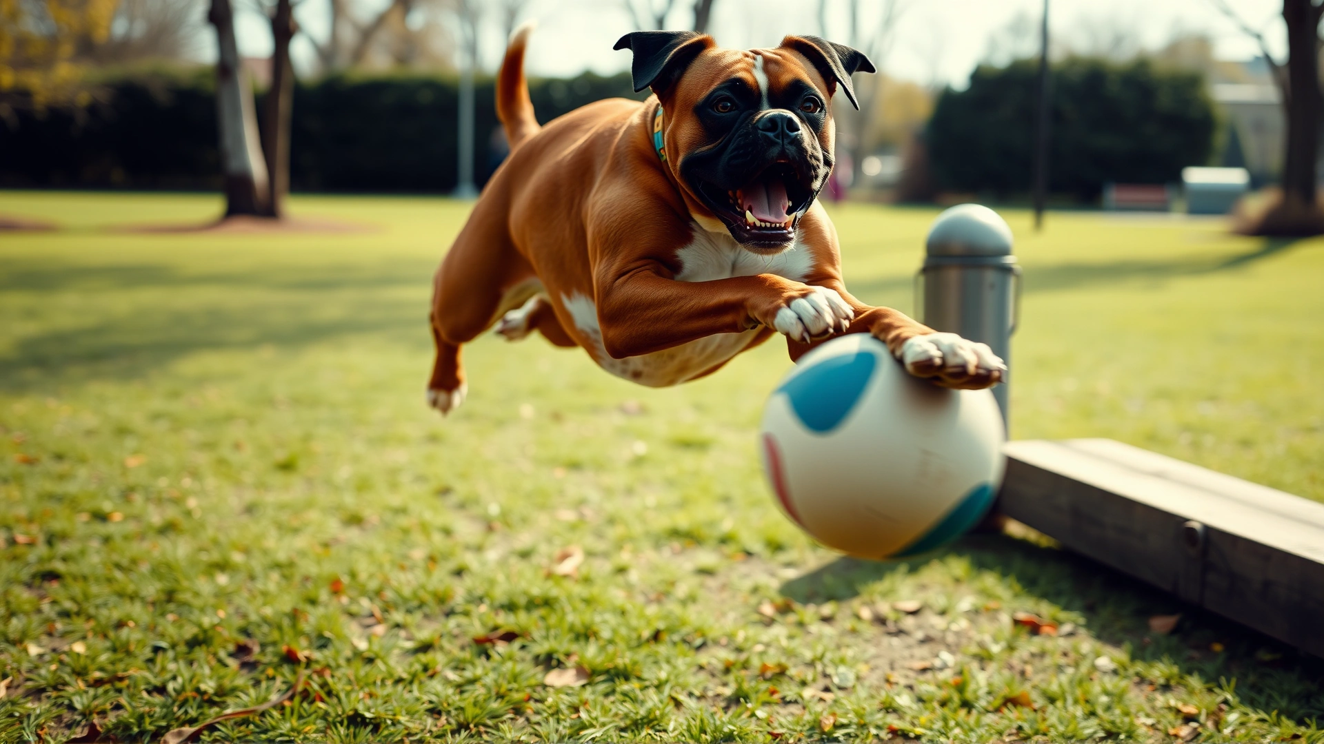 Energetic Boxer mid-jump catching a ball in a park, action shot, crisp focus