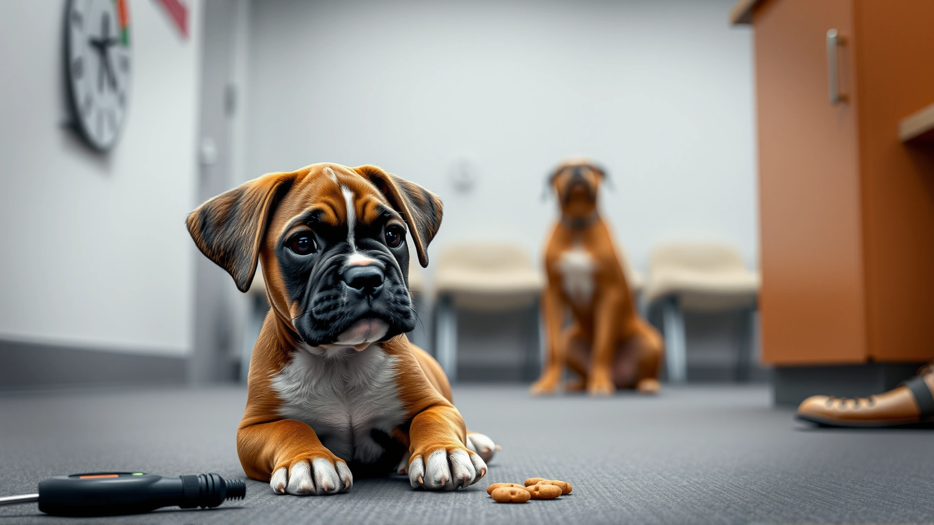 A young Boxer puppy sitting attentively in a training class, with treats and a clicker visible on the floor.