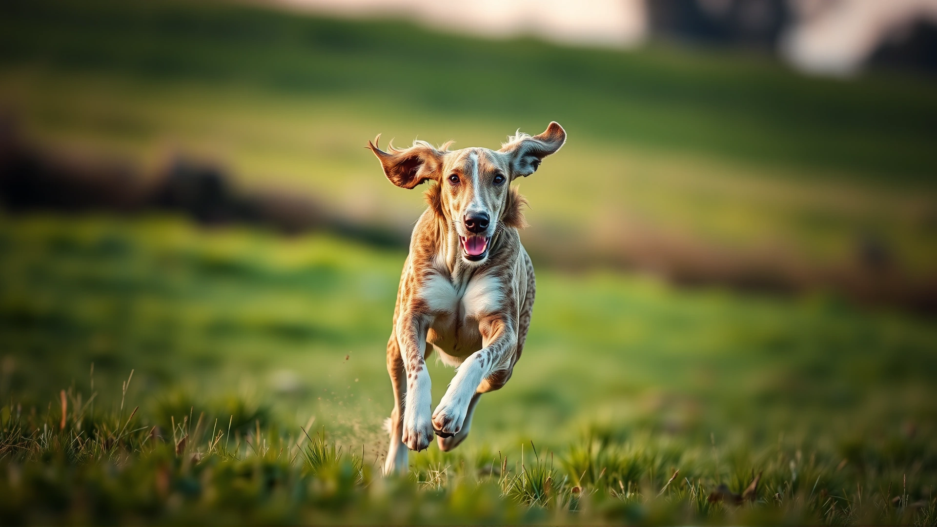 Dynamic action shot of an adult Bracco Italiano sprinting across a grassy field, ears flapping, focused expression, captured at sunrise, motion blur on background.