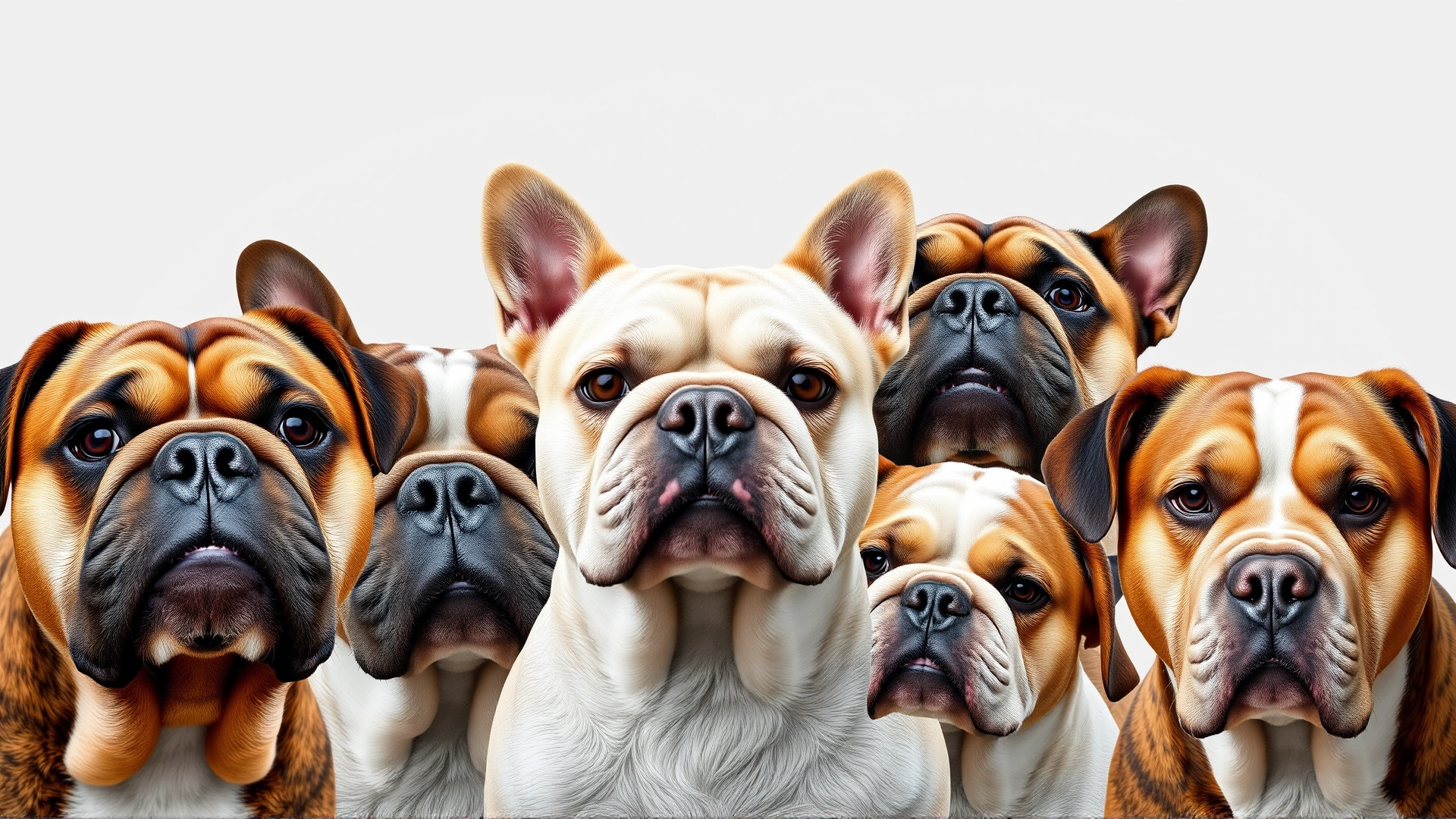 Collage-style image showing headshots of six popular brachycephalic dog breeds on a neutral background.