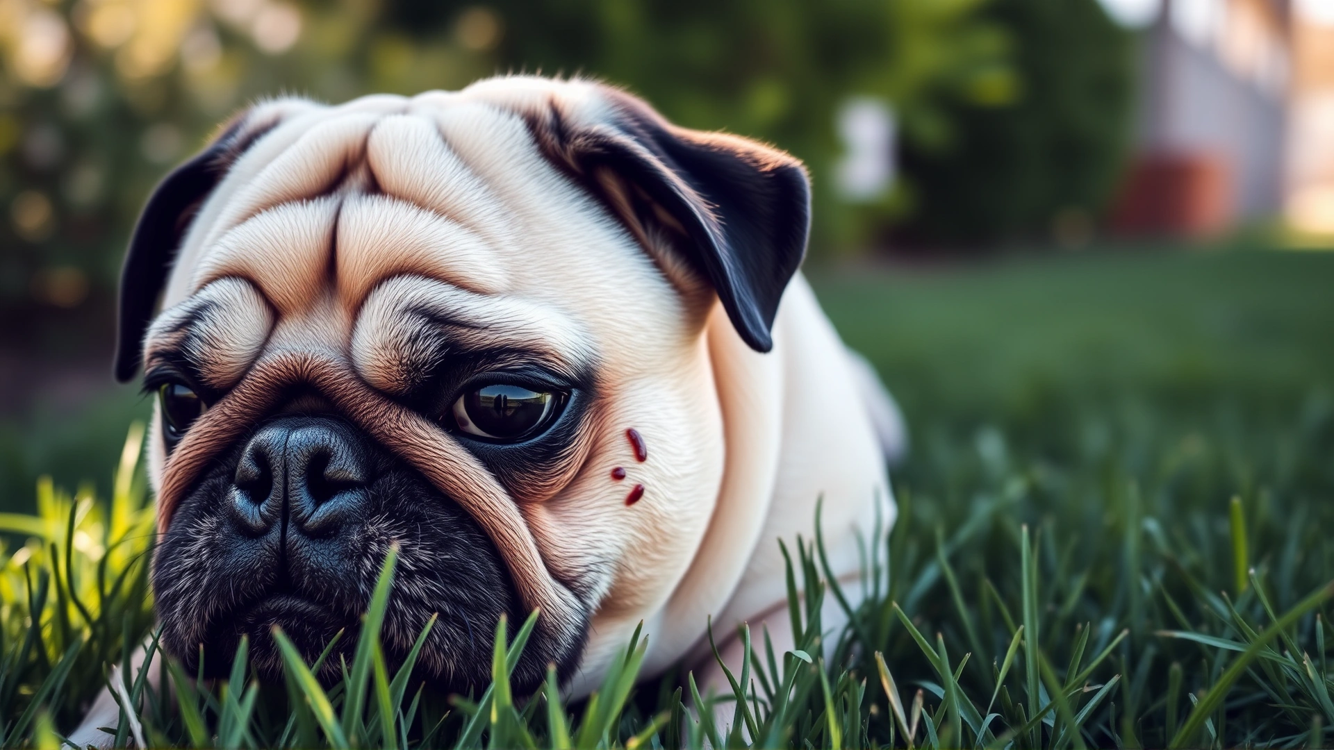 Pug dog with visible tear stains on its wrinkled face lying on green grass outdoors, shallow depth of field, sunny day.