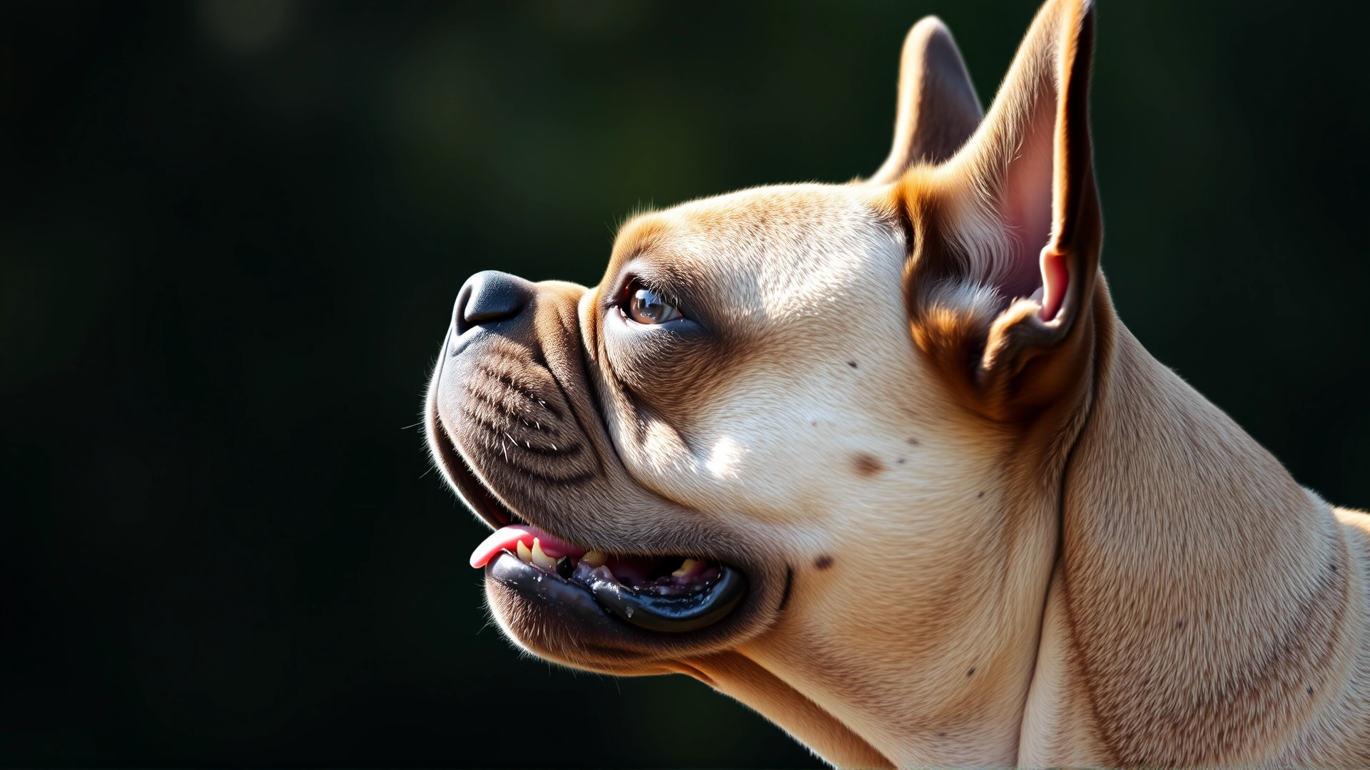 Side profile of a French Bulldog breathing with mouth slightly open, clearly showing its short muzzle in natural lighting, close-up shot