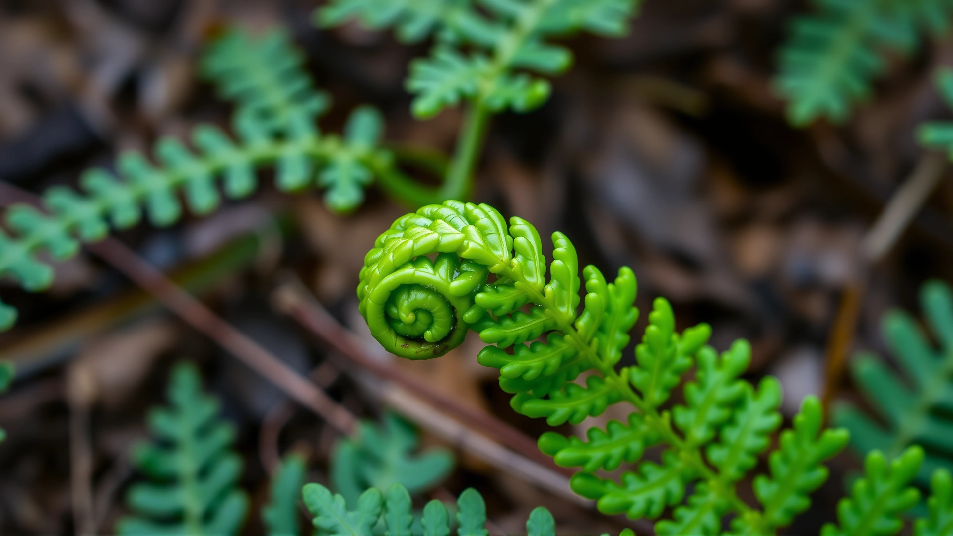 Macro close-up of fresh green bracken fern fronds unfurling from the forest floor, showcasing their distinctive curled shape, no text