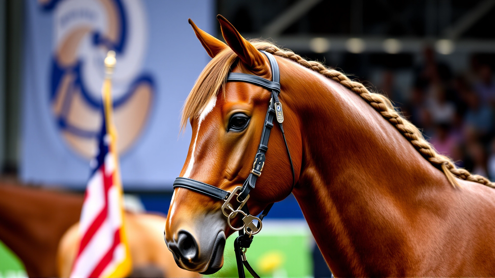 Show horse with meticulously braided mane at an equestrian competition, showcasing grooming artistry.