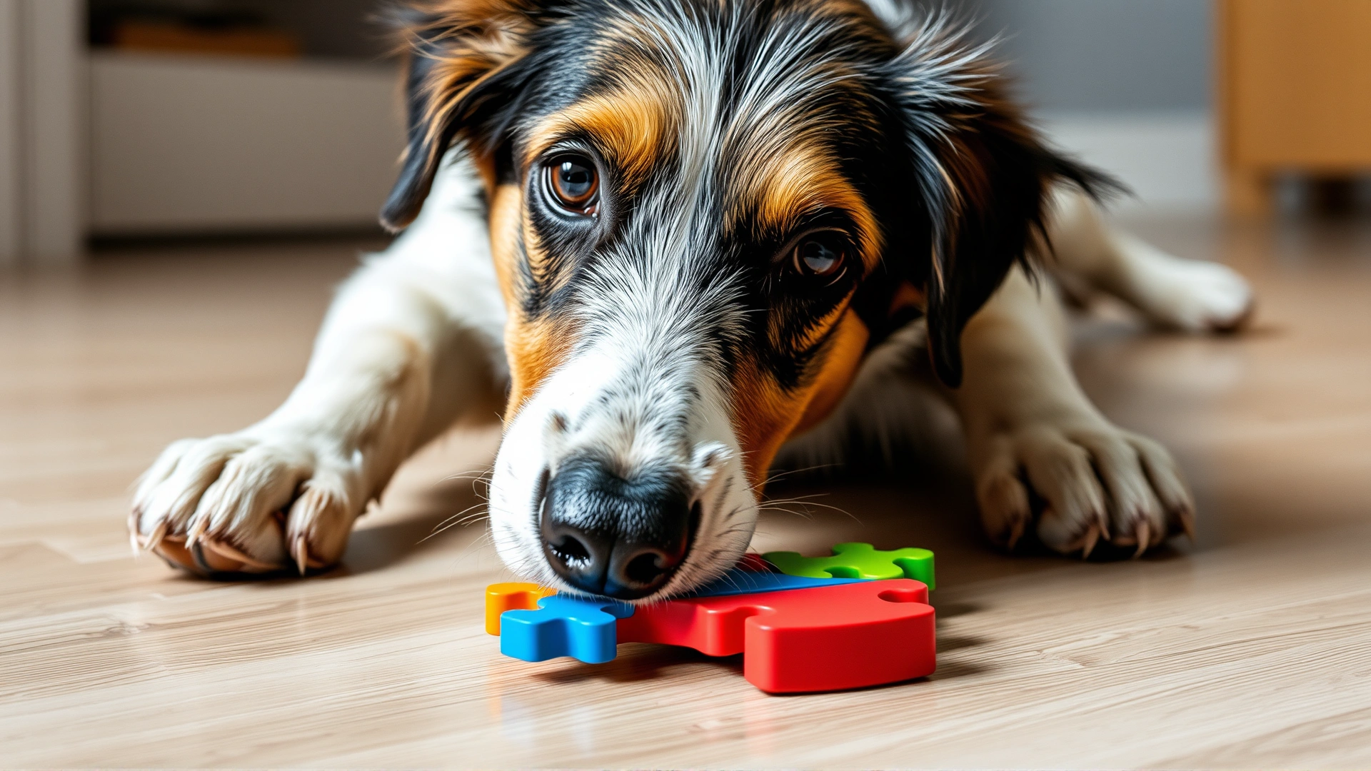 Close-up of a curious dog solving a colorful puzzle toy on the floor
