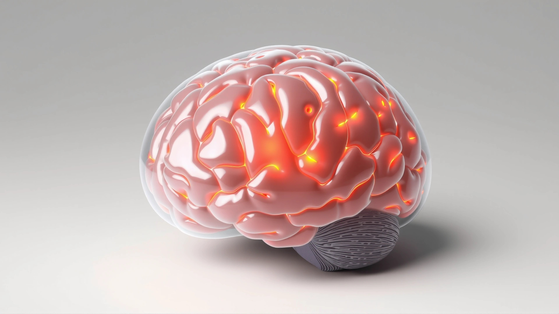 Digital illustration of a feline brain in semi-transparent style with the meninges highlighted in orange on a light neutral background, no text